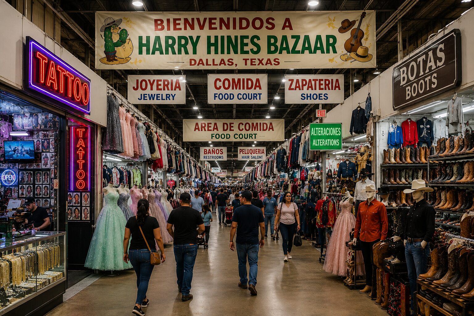 Dallas indoor bazaar with vendors, shoppers, clothing, boots, jewelry, and food court signs