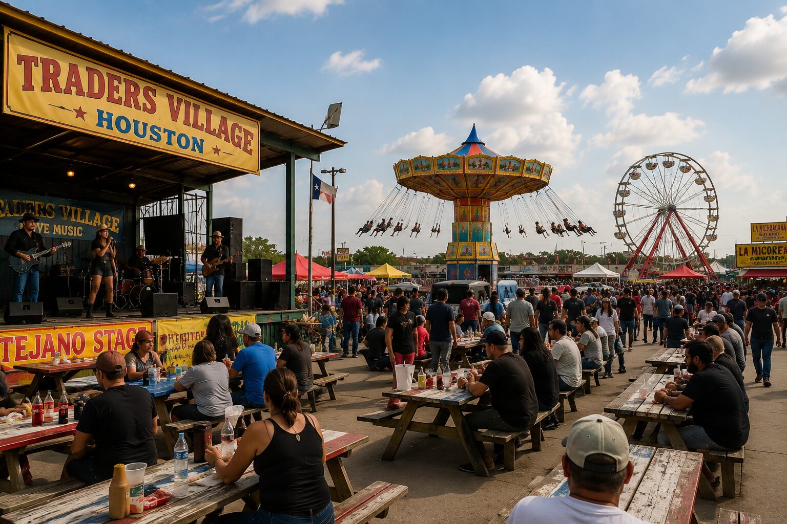 Houston flea market entertainment with live music, rides, food vendors, and crowds