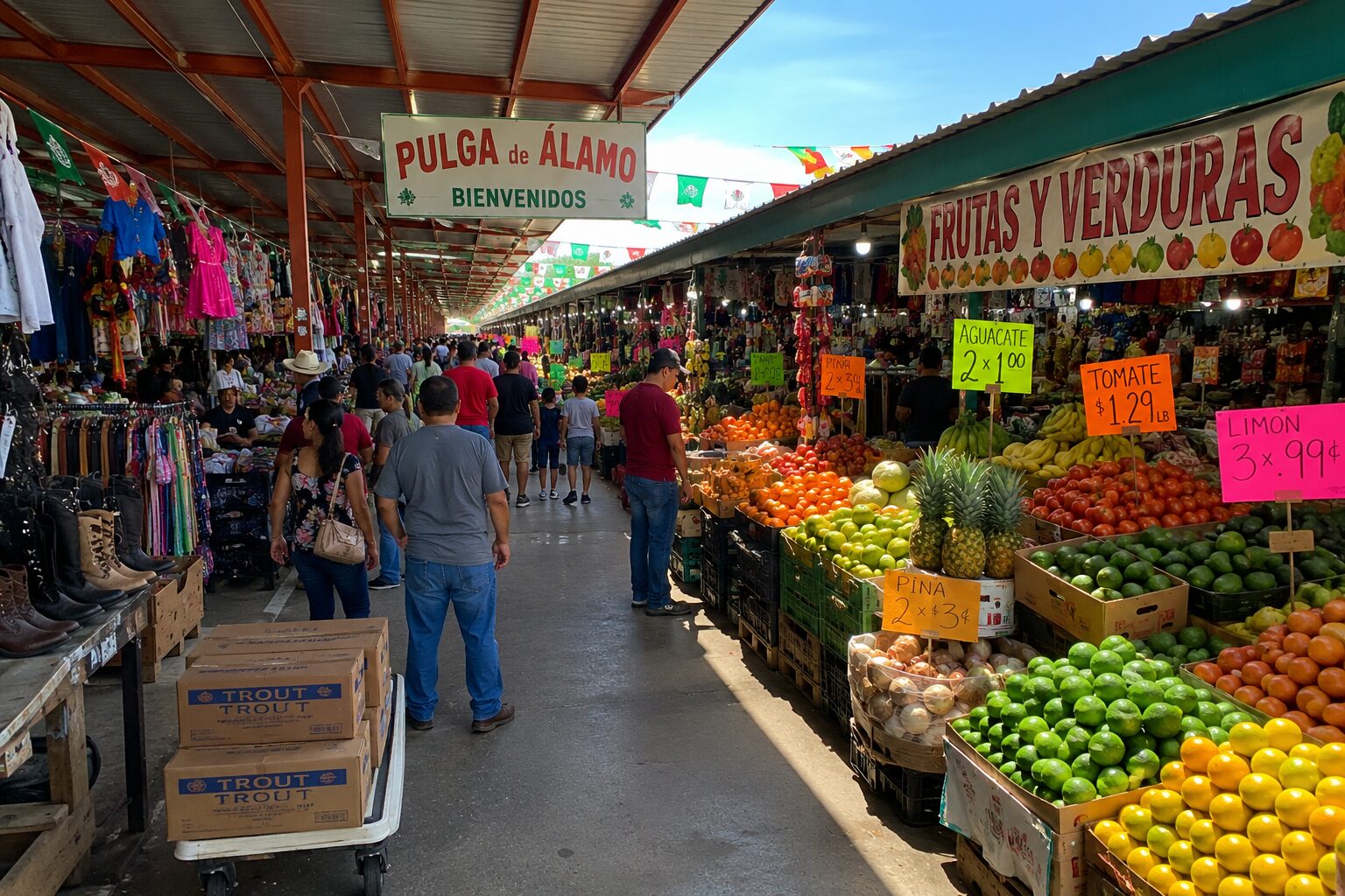 Rio Grande Valley flea market with produce vendors and shoppers