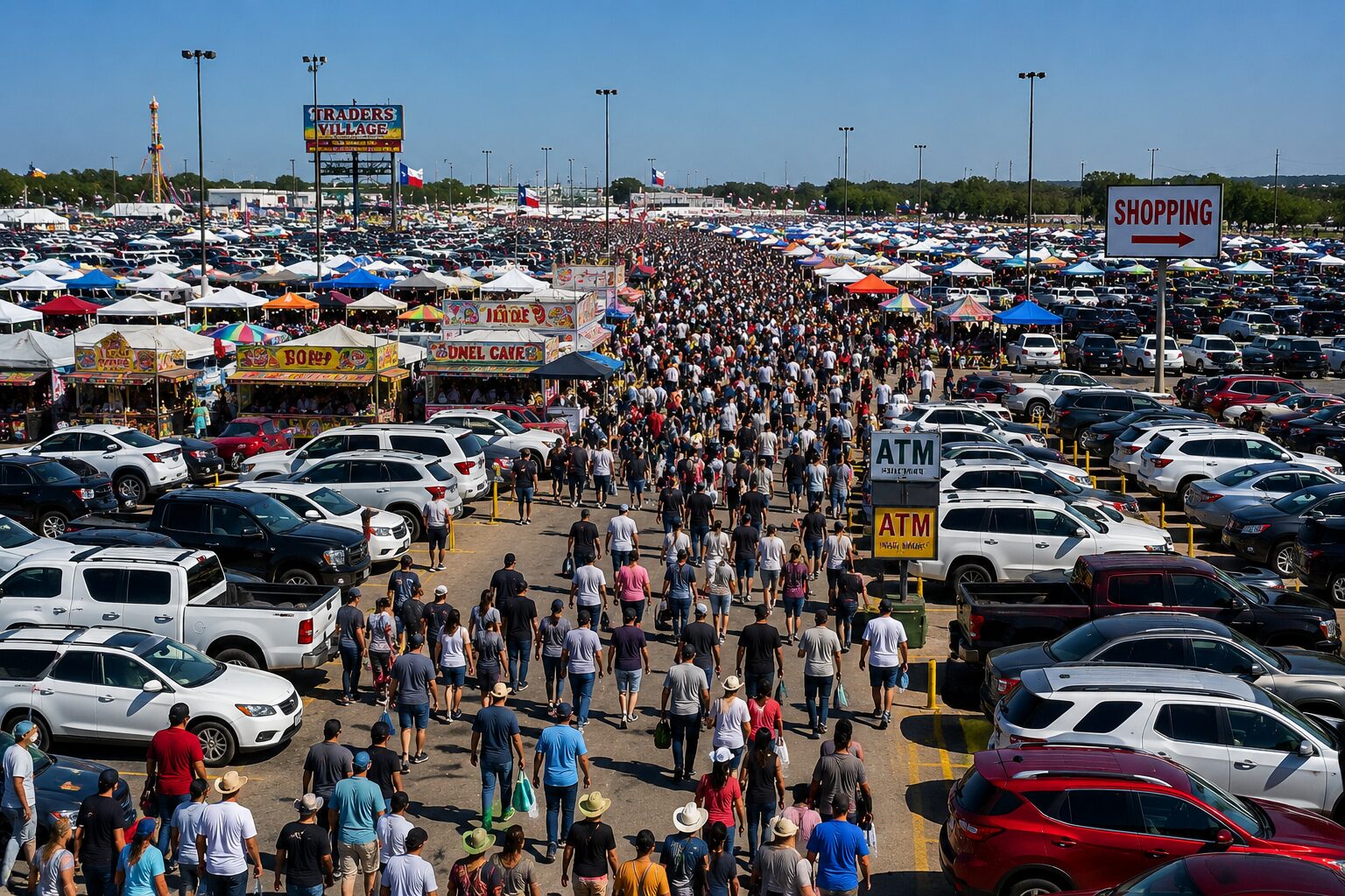 Crowded Texas flea market parking lot with shoppers walking toward vendor tents